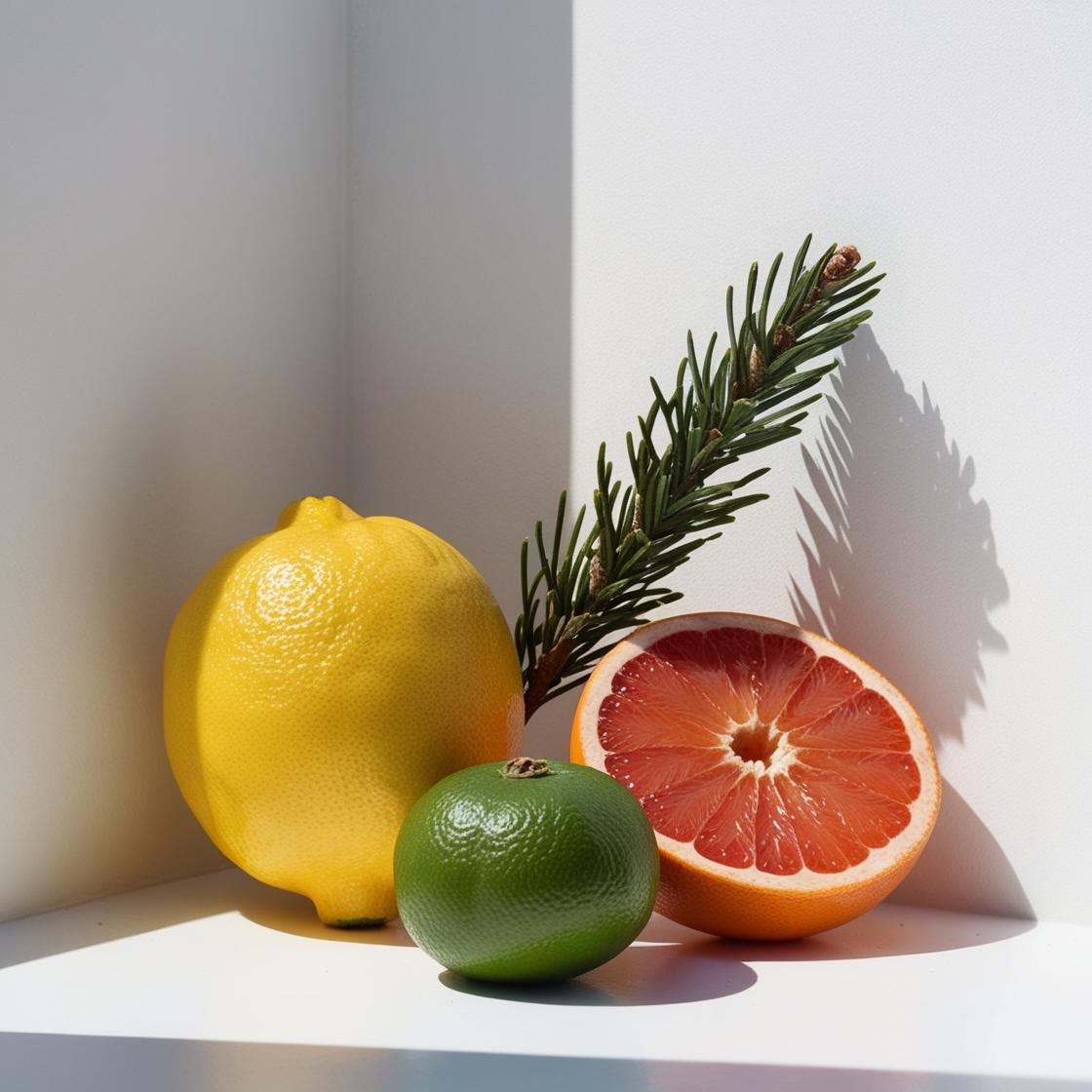 Grapefruit, lemon and cypress representing the olfactory notes of the perfume.