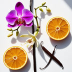 Orange, orchid and vanilla representing the olfactory notes of the perfume.