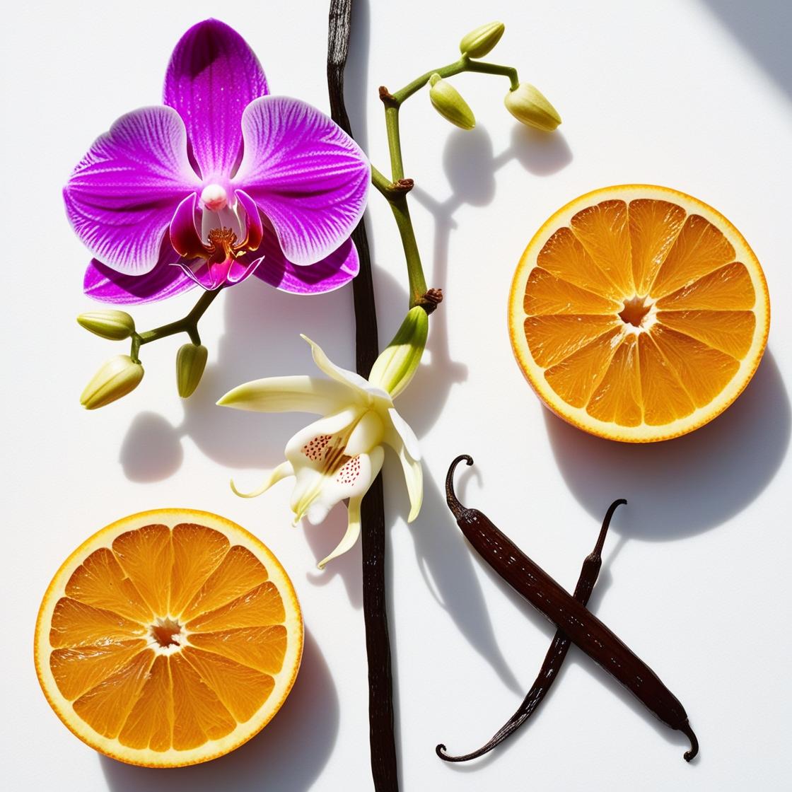 Orange, orchid and vanilla representing the olfactory notes of the perfume.