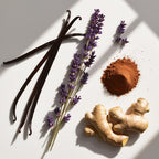 Vanilla, ginger, lavender and cocoa representing the olfactory notes of the perfume.