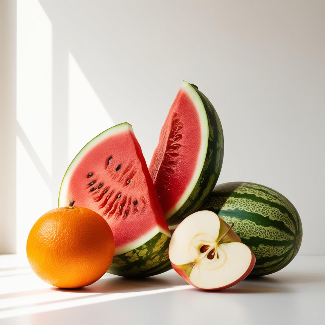 Watermelon, orange and apple representing the olfactory notes of the perfume.