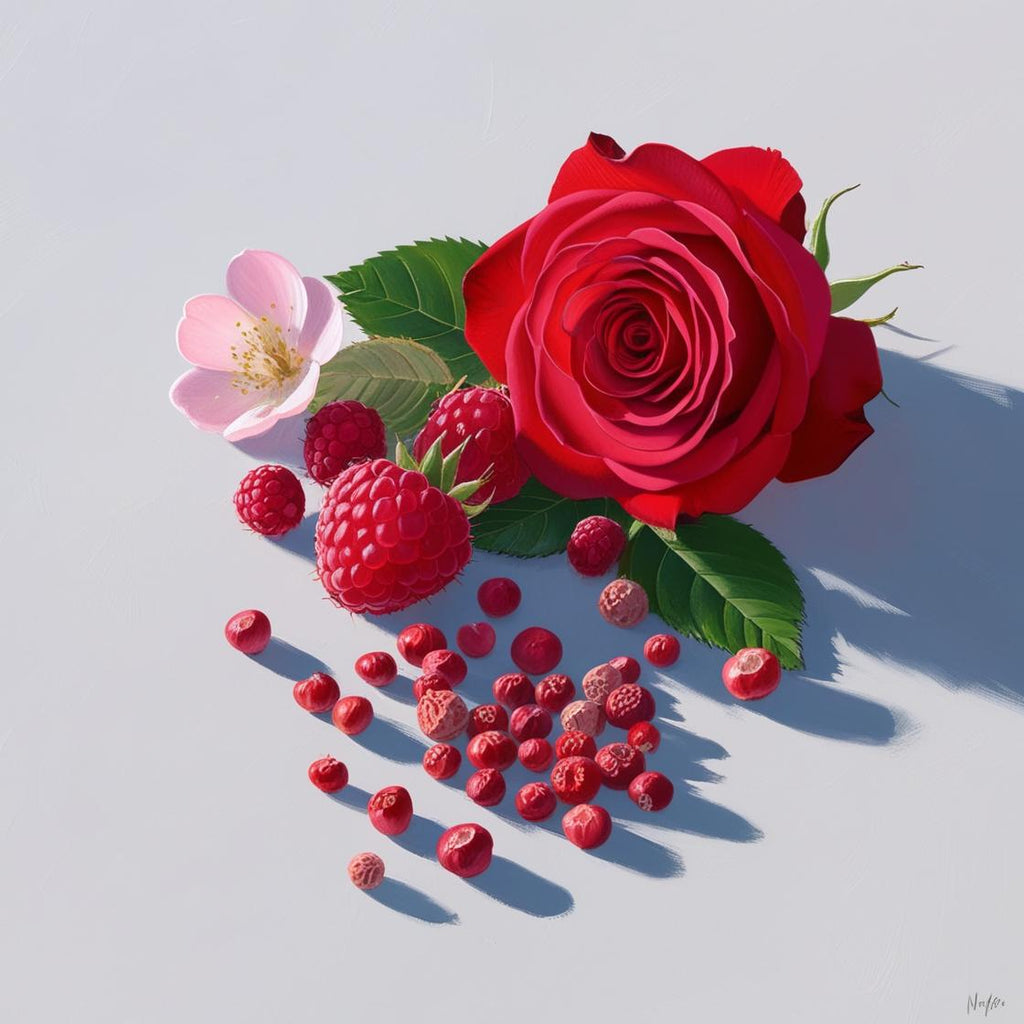 Rose, raspberry flower and pink pepper representing the olfactory notes of the perfume.