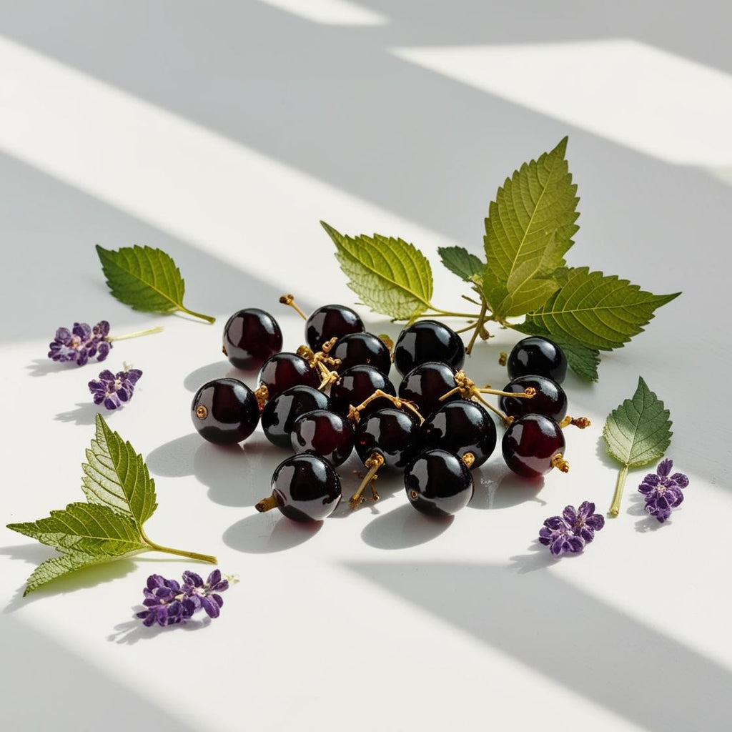 Violet leaves and blackcurrants representing the olfactory notes of the perfume.