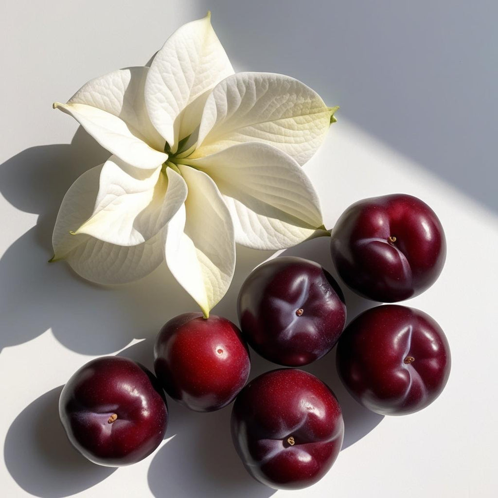 Gardenia and plum representing the olfactory notes of the perfume.