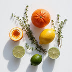 Mandarin, lemon, lime and thyme representing the olfactory notes of the perfume.