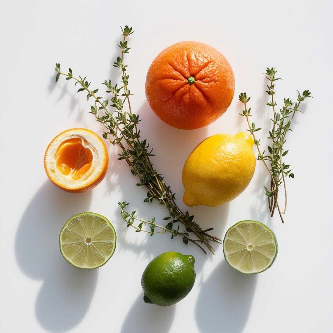 Mandarin, lemon, lime and thyme representing the olfactory notes of the perfume.