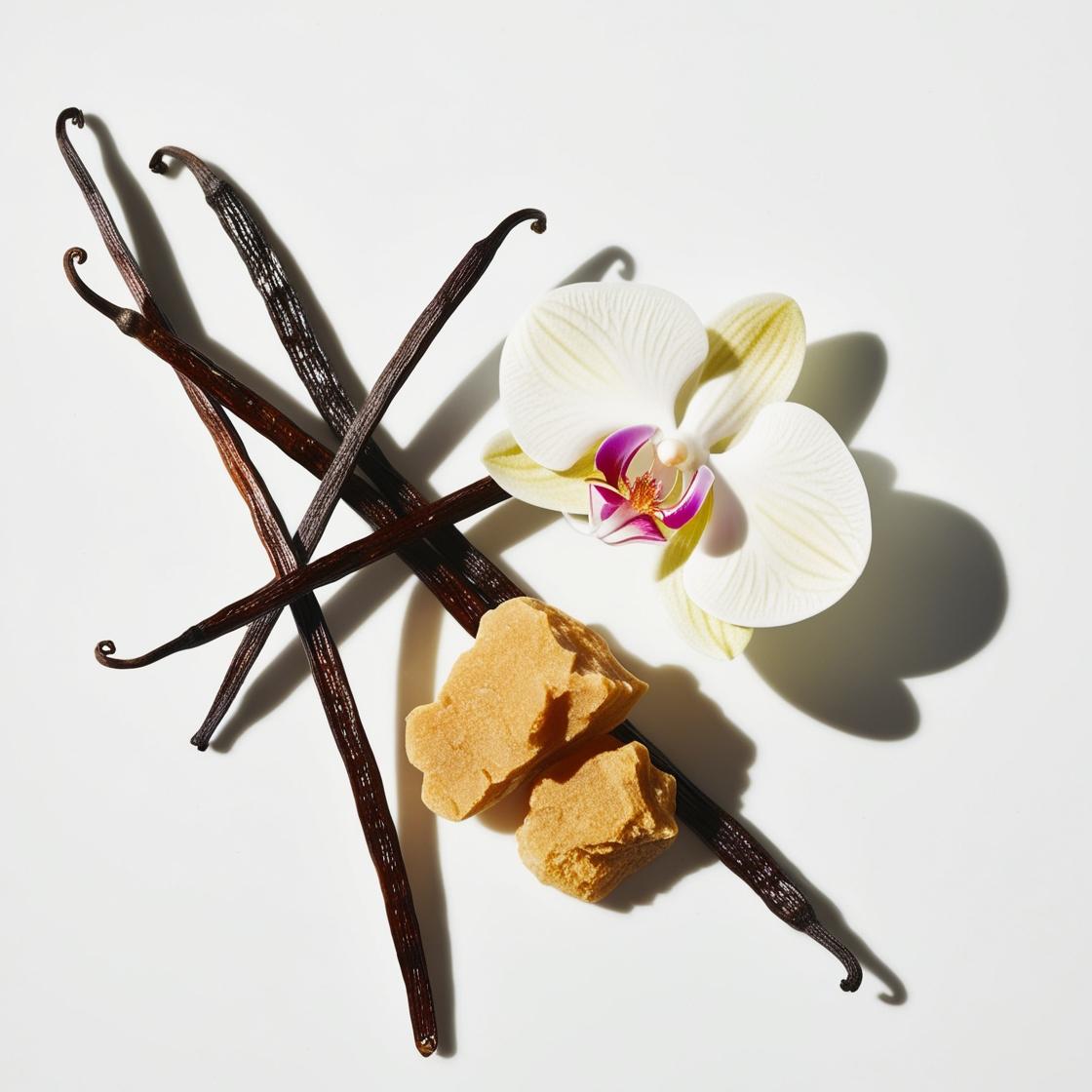 Vanilla, salt and orchid representing the olfactory notes of the perfume.