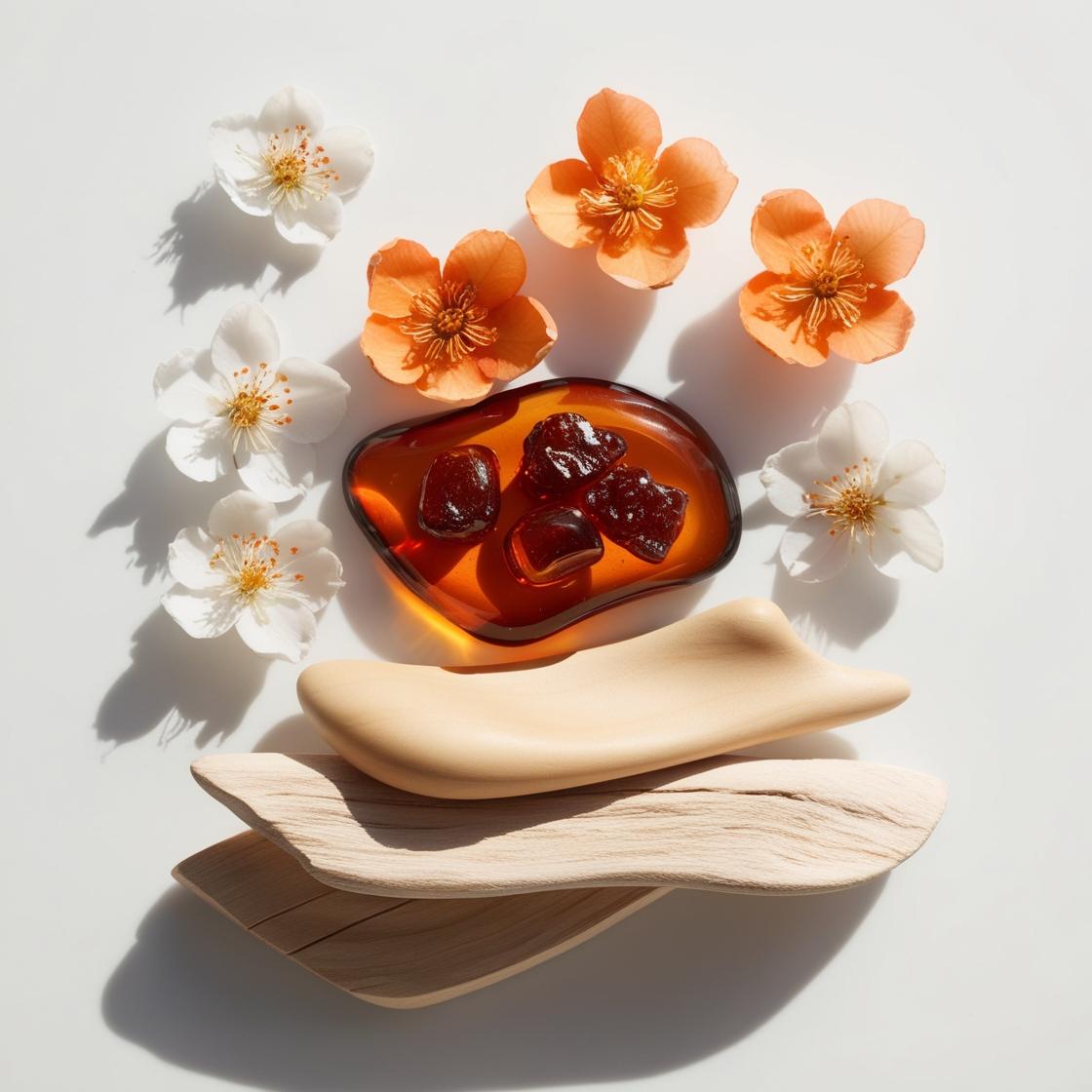 Orange blossom, wood and amber representing the olfactory notes of the perfume.