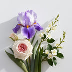 Iris, rose and jasmine representing the olfactory notes of the perfume.