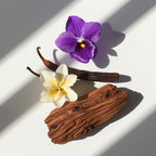 Violet, vanilla and wood representing the olfactory notes of the perfume.
