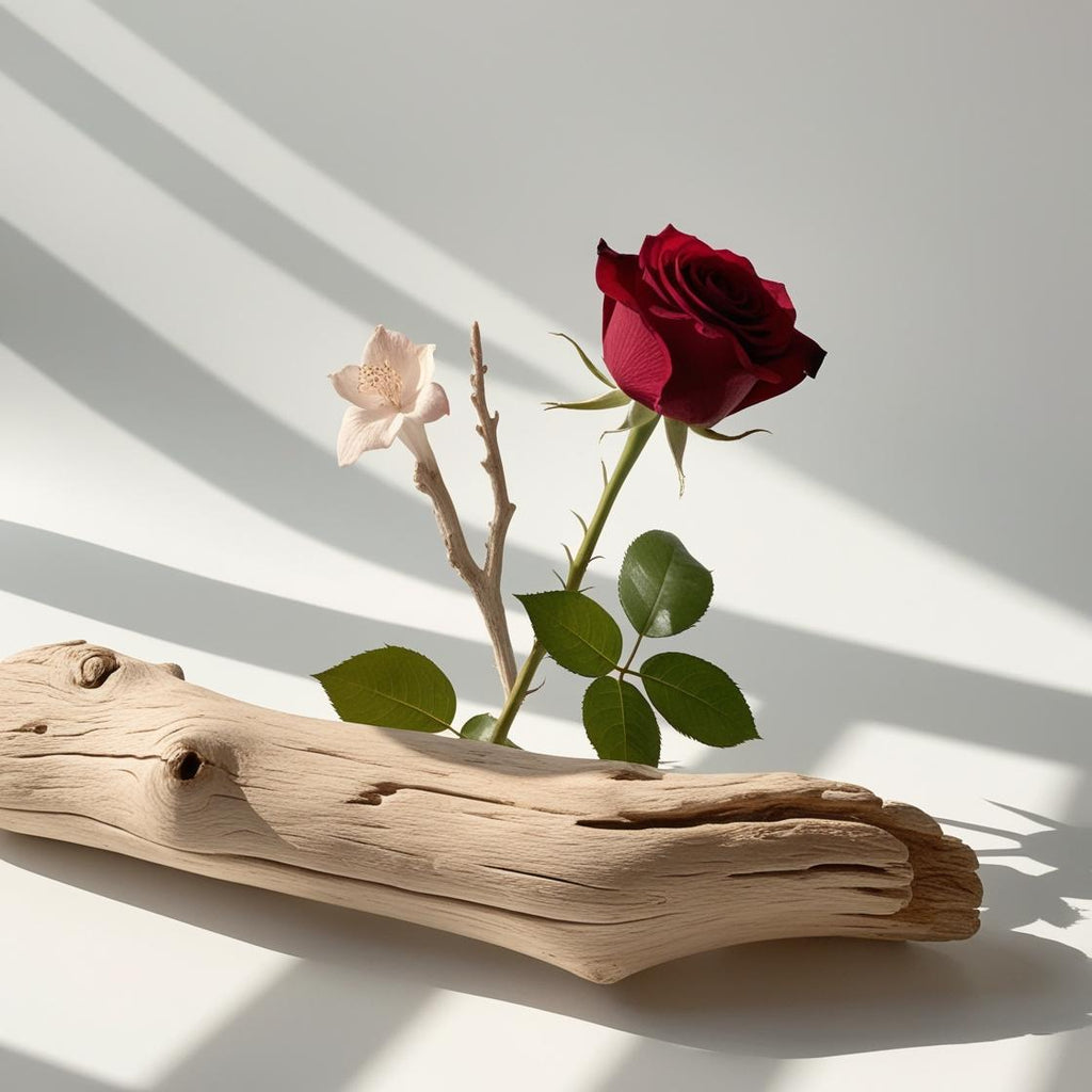 Rose and wood representing the olfactory notes of the perfume.