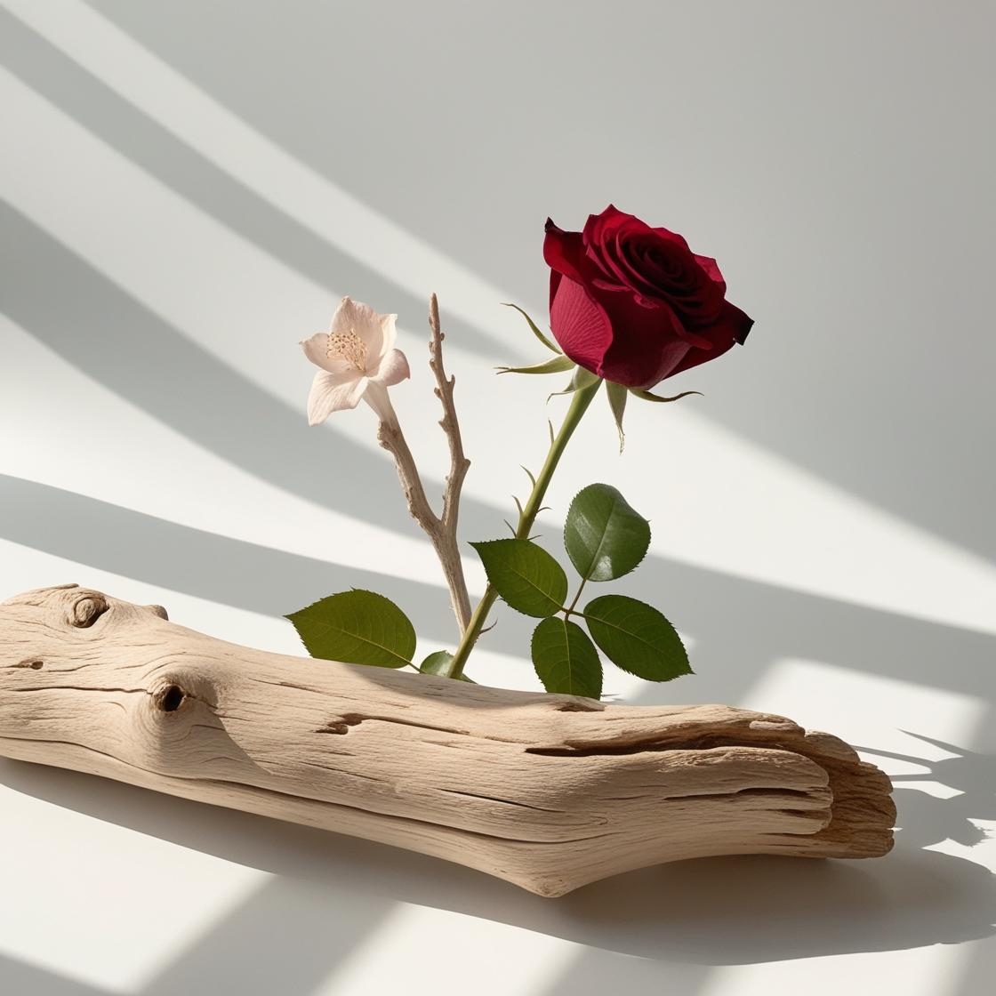 Rose and wood representing the olfactory notes of the perfume.