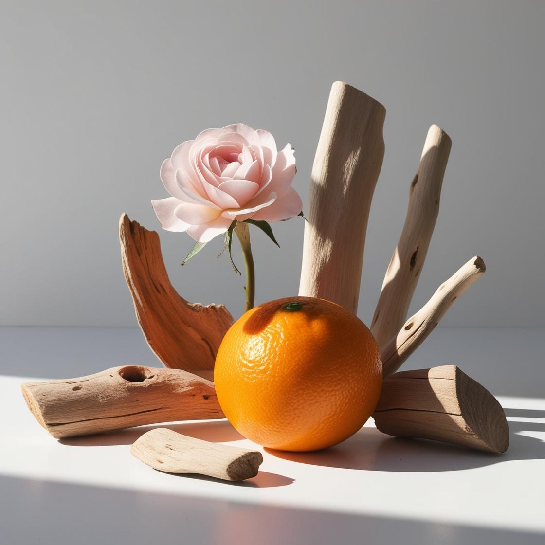 Mandarin and wood representing the olfactory notes of the perfume.