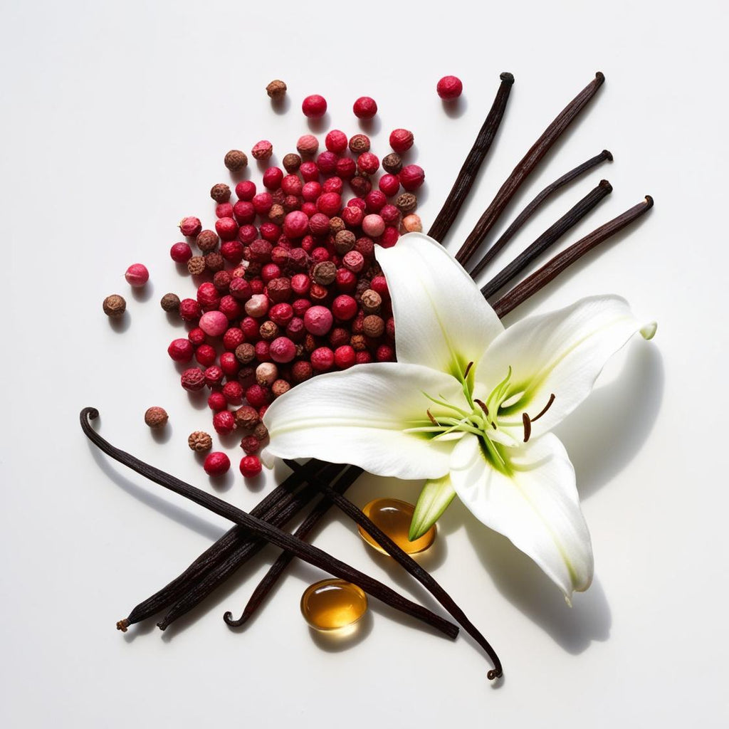 Pink pepper, white lily and vanilla represent the olfactory notes of the perfume.