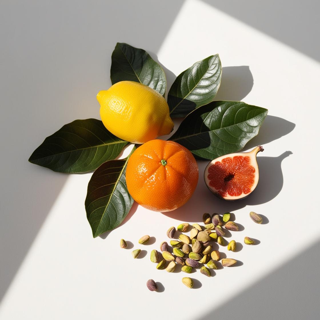 Lemon, mandarin, fig leaves and pistachio representing the olfactory notes of the perfume.