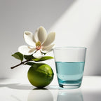 Bergamot, magnolia and water representing the olfactory notes of the perfume.