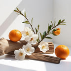 Orange blossom and cedar representing the olfactory notes of the perfume.