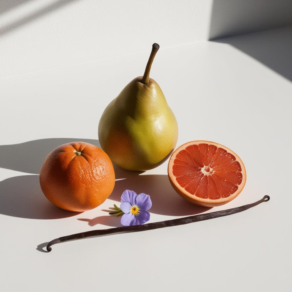 Olfactory notes of the perfume with juicy pear, sweet mandarin, vibrant grapefruit, soft vanilla and a floral touch of violet.