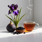 Black tea, fig, iris and tonka bean representing the olfactory notes of the perfume.