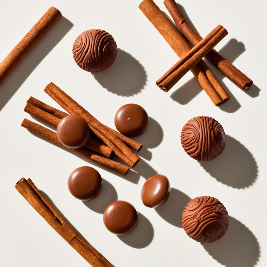 Cinnamon and praline representing the olfactory notes of the perfume.