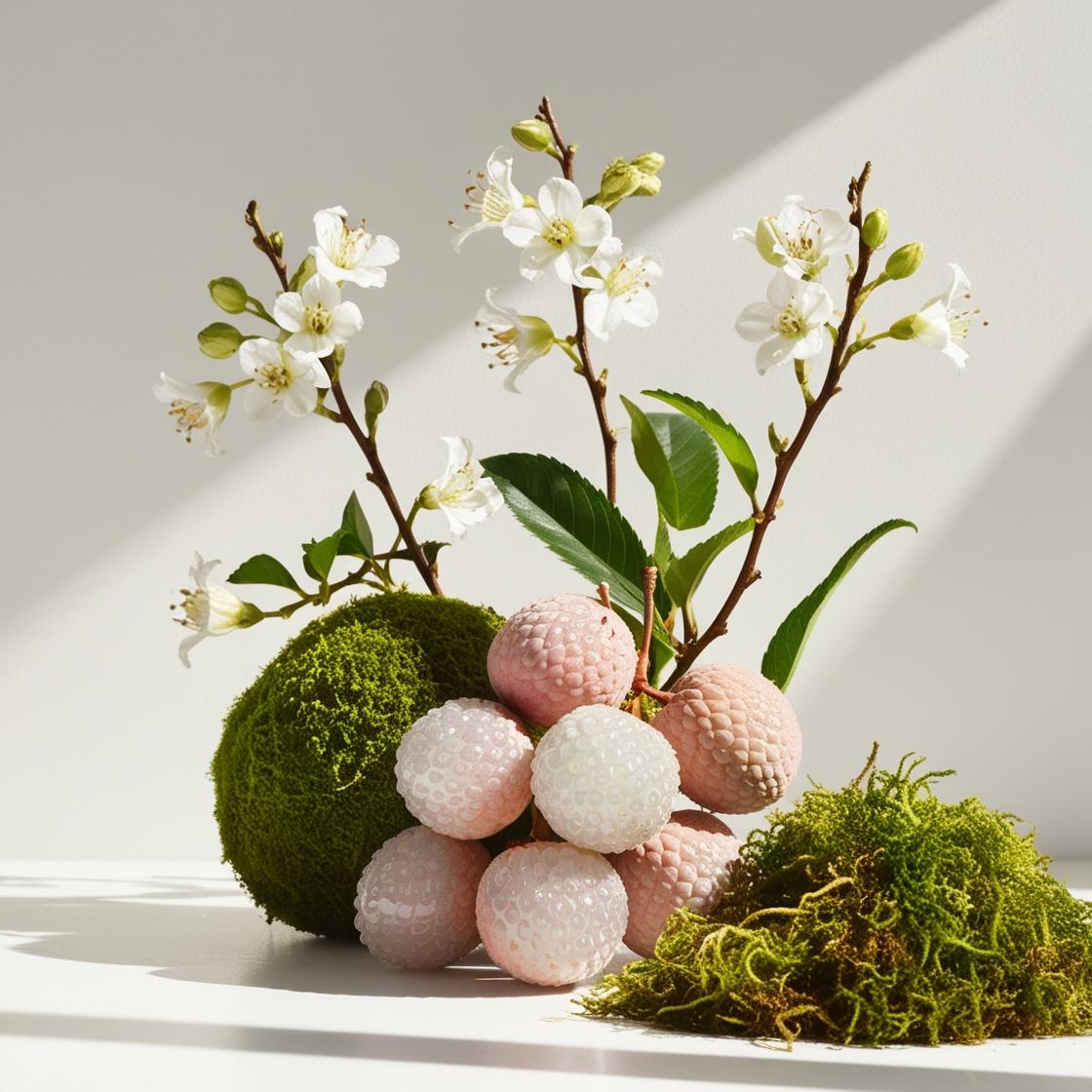 Lychee, jasmine and moss representing the olfactory notes of the perfume.