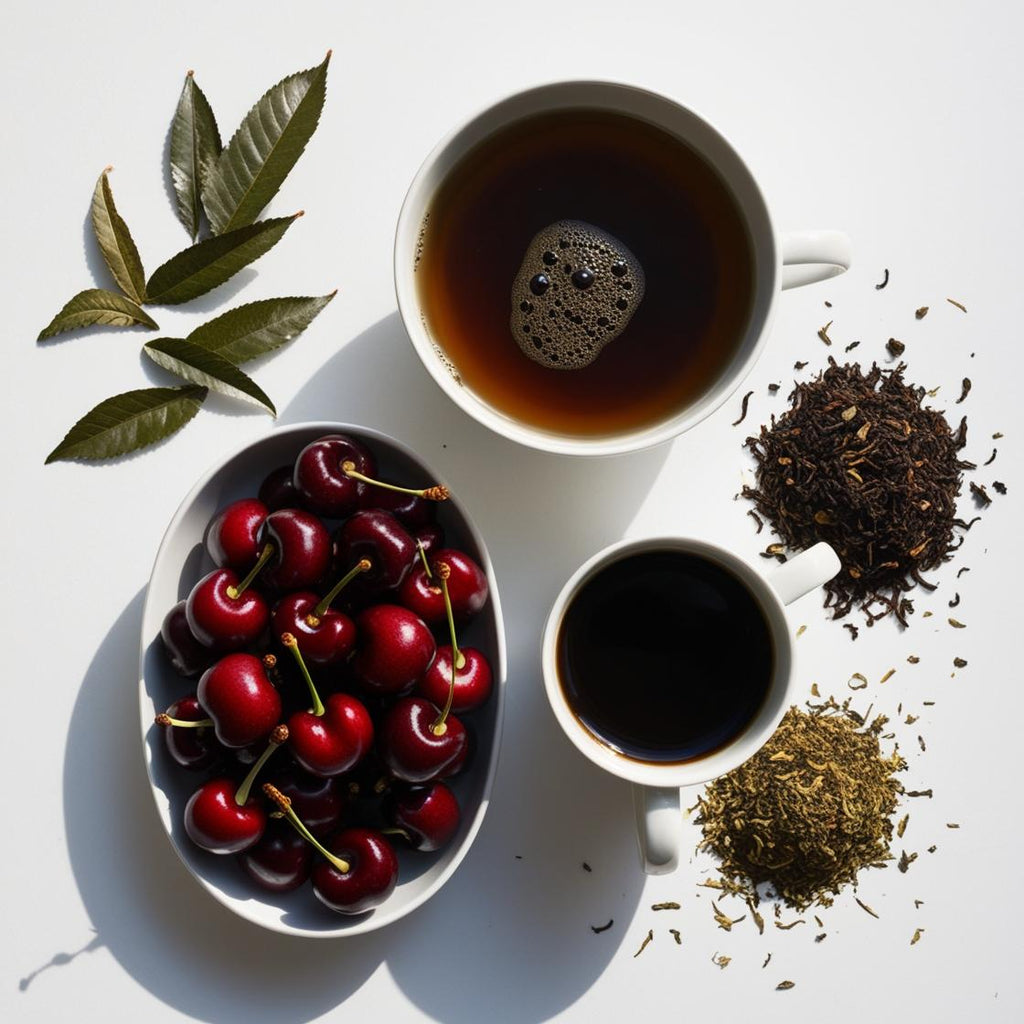 Cherry, coffee, patchouli and black tea representing the olfactory notes of the perfume.