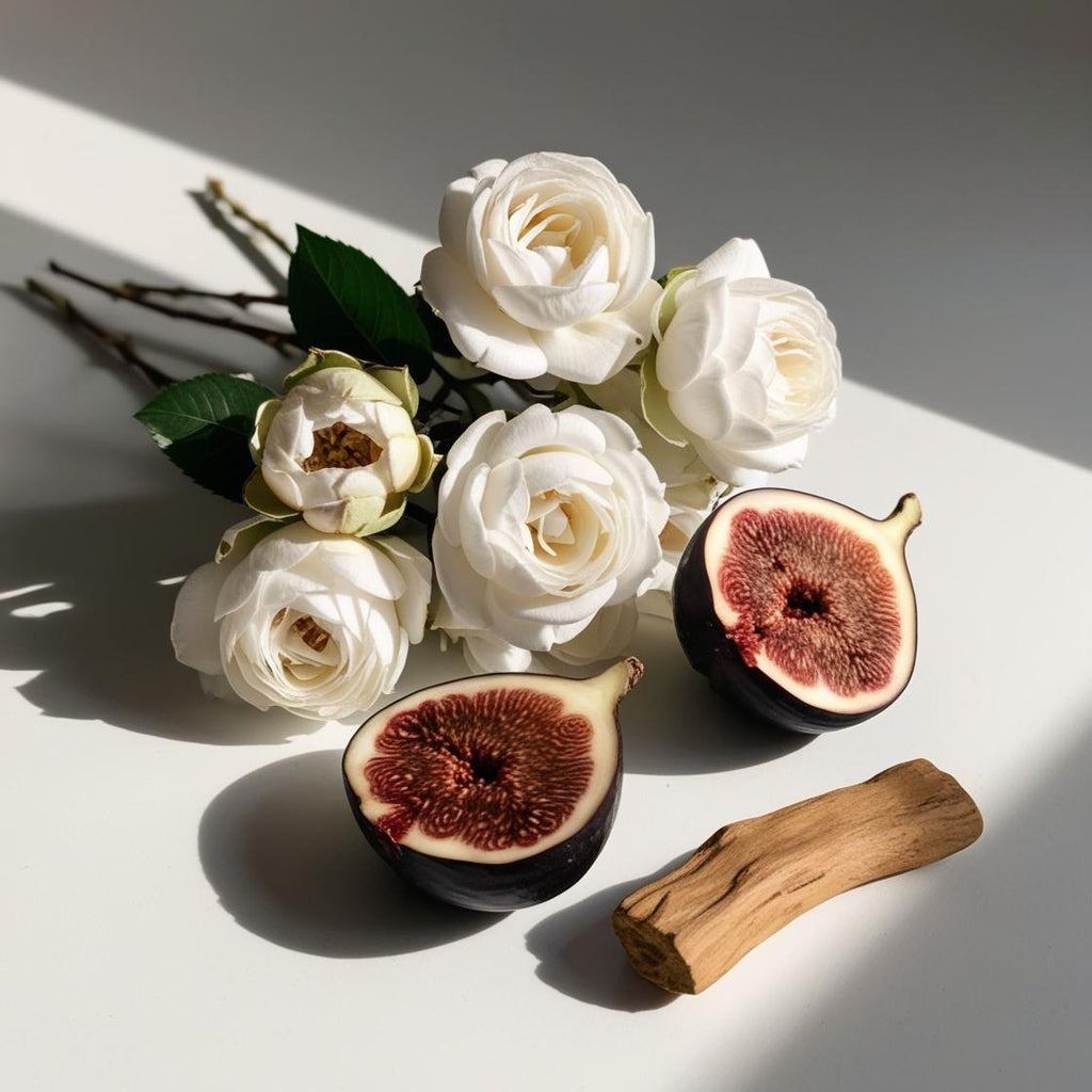 Fig and tuberose representing the olfactory notes of the perfume.