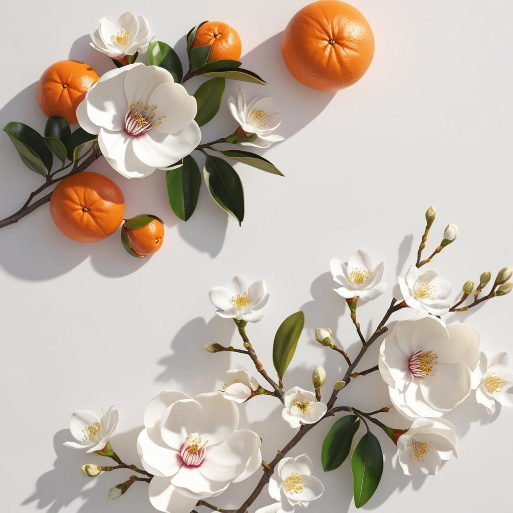 Orange blossom, magnolia and jasmine representing the olfactory notes of the perfume.