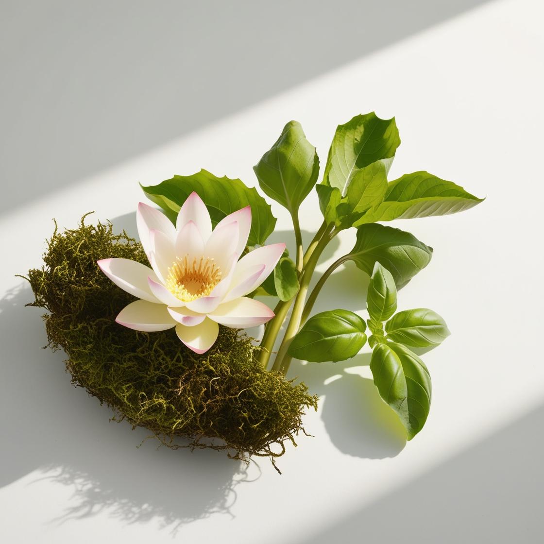 Lotus flower, basil and moss representing the olfactory notes of the perfume.