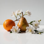 Mandarin, pear and orange blossom representing the olfactory notes of the perfume.