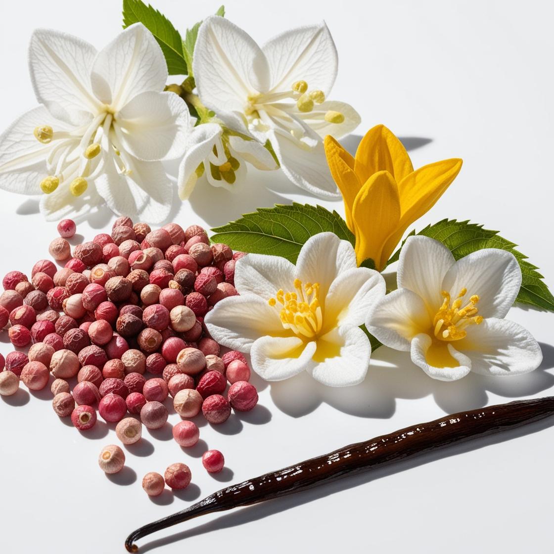 Vanilla, jasmine and pink pepper representing the olfactory notes of the perfume.