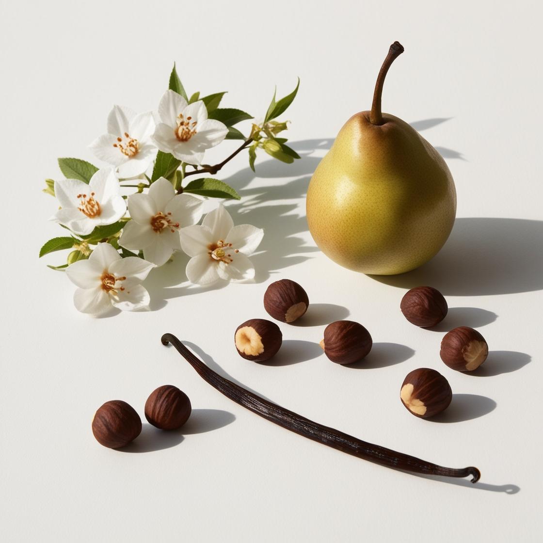 Scent notes of the perfume with juicy pear, toasted hazelnuts, soft vanilla and delicate white flowers.