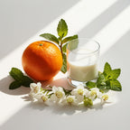 Orange, mint, lily and milk representing the olfactory notes of the perfume.