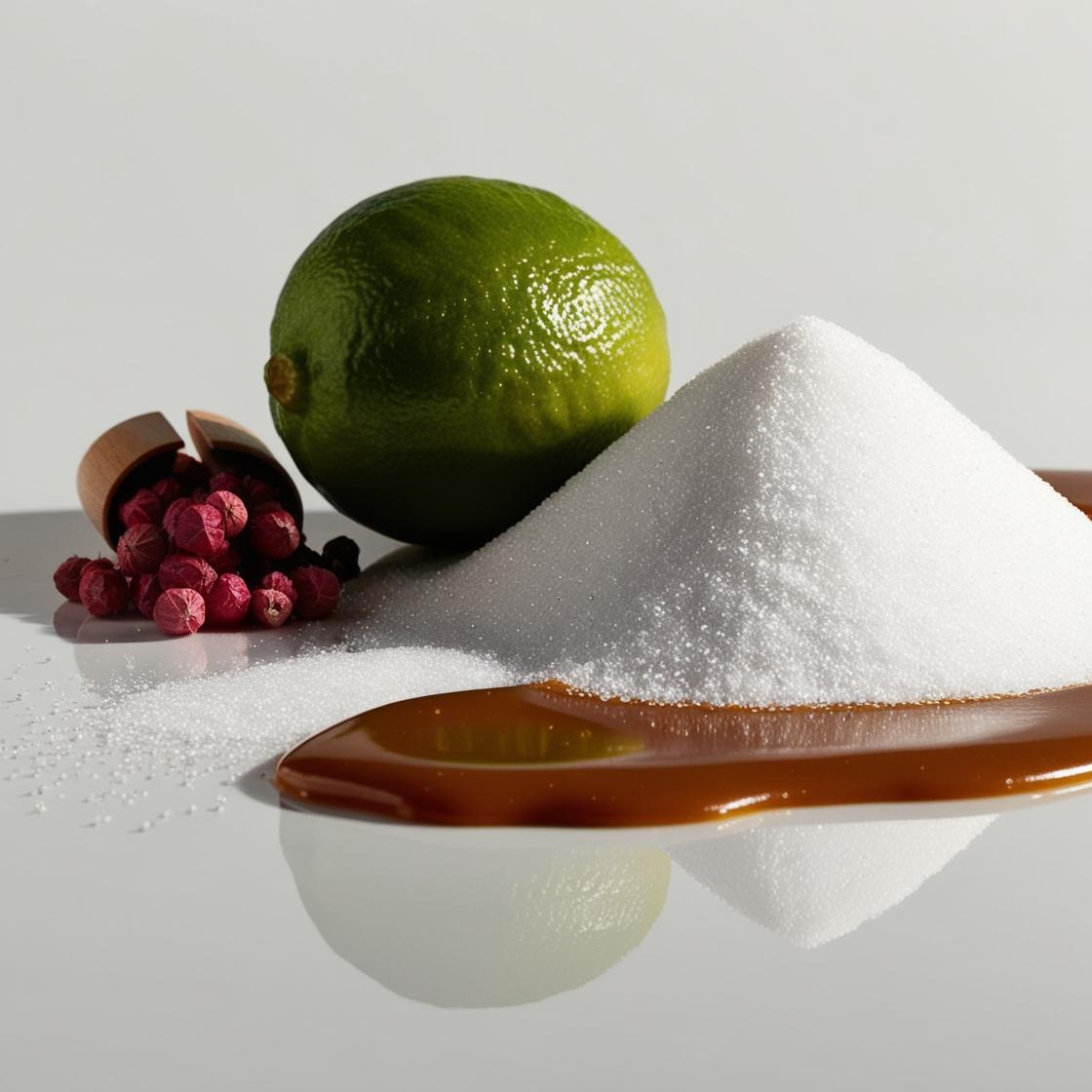 Sugar, caramel and pink pepper representing the olfactory notes of the perfume.