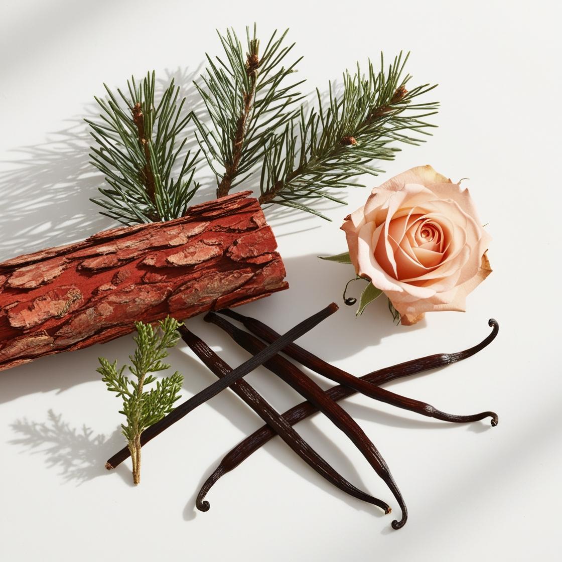 Rose, cedar and vanilla representing the olfactory notes of the perfume.