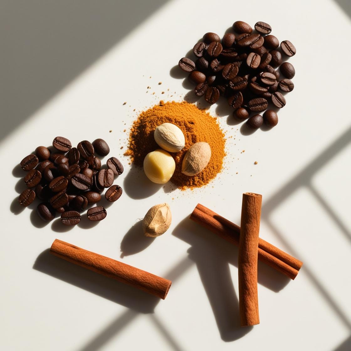 Coffee, walnut and cinnamon representing the olfactory notes of the perfume.