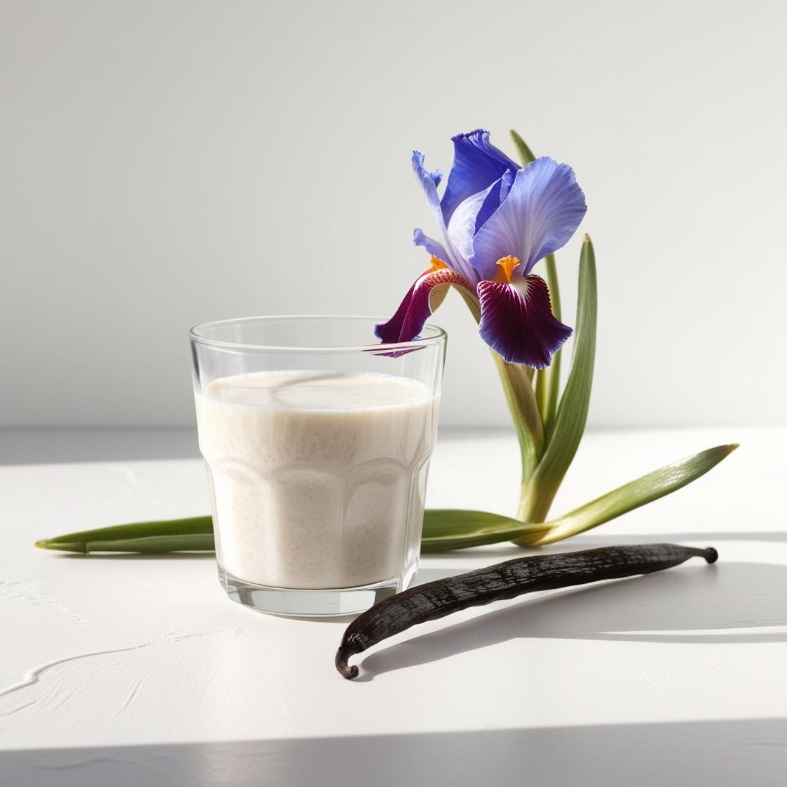 Milk, iris and vanilla representing the olfactory notes of the perfume.