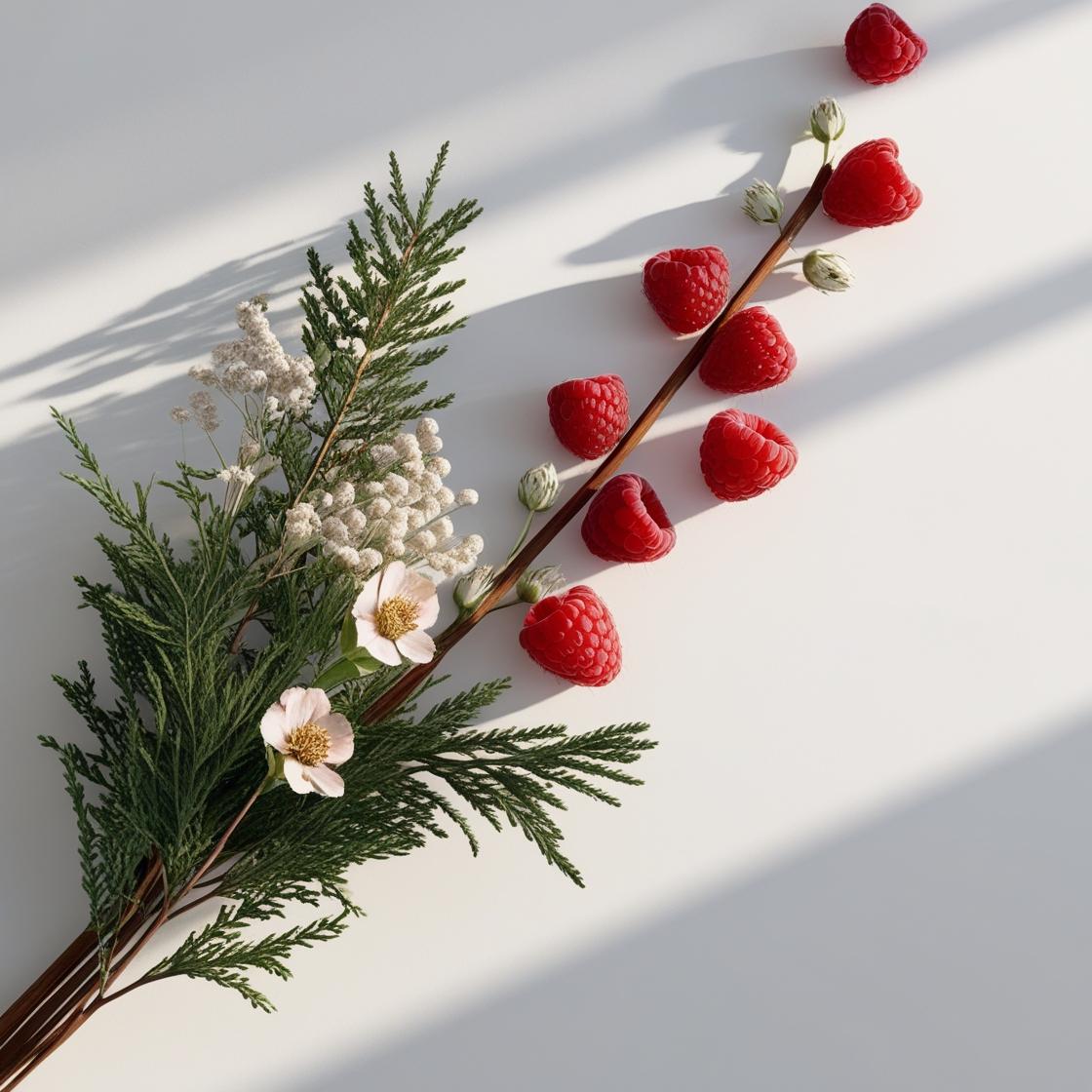 Cedar and raspberry representing the olfactory notes of the perfume.