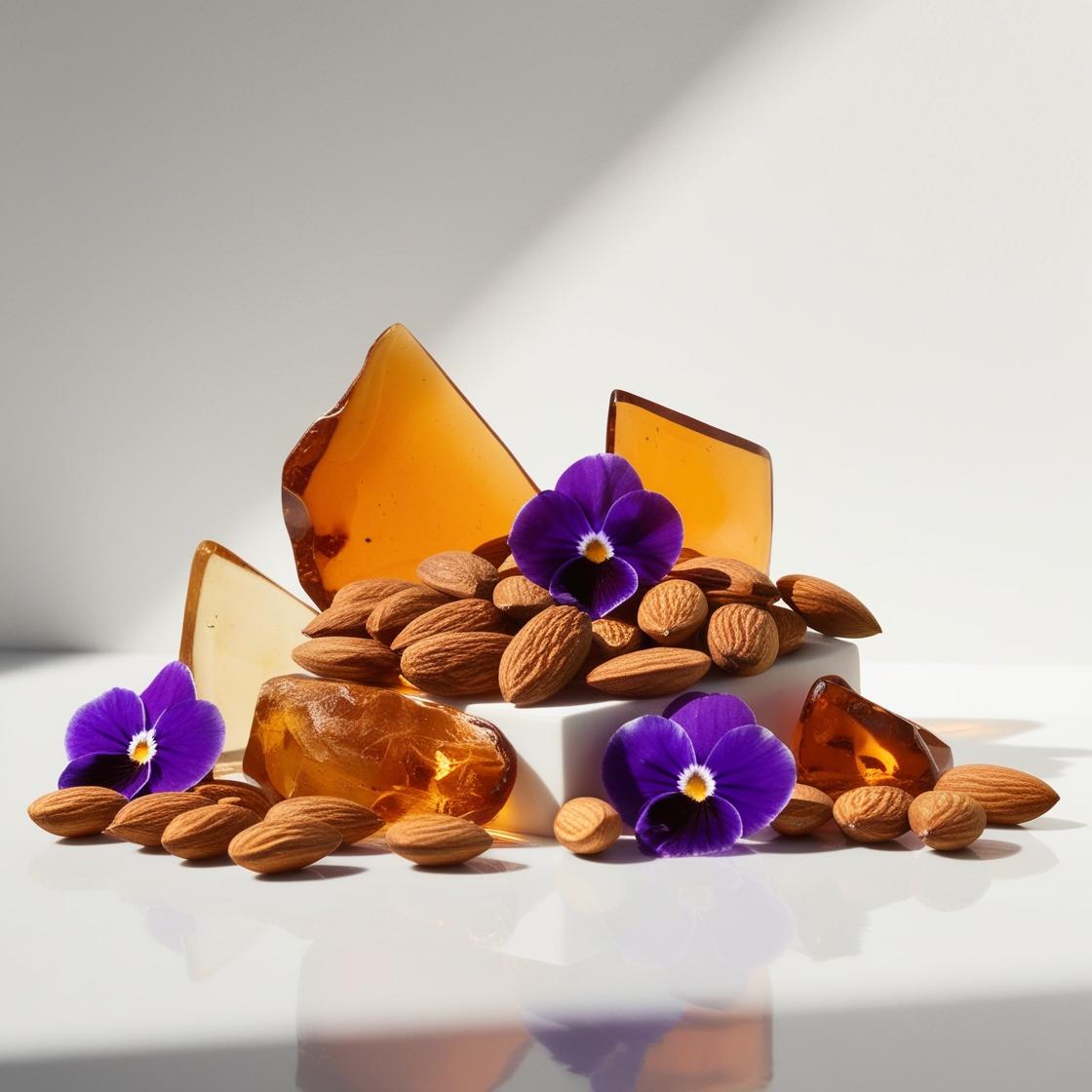 Almond, violet and amber representing the olfactory notes of the perfume.