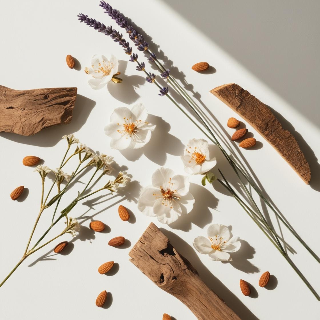 Olfactory notes of the perfume with aromatic lavender, white flowers, soft almond and warm woods.