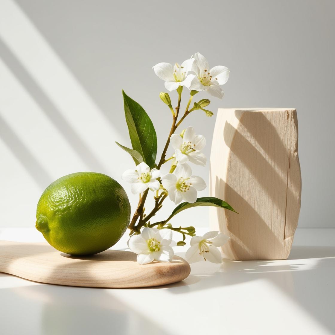 Lime, jasmine and wood representing the olfactory notes of the perfume.