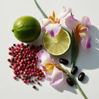 Bergamot, iris and pink pepper representing the olfactory notes of the perfume.