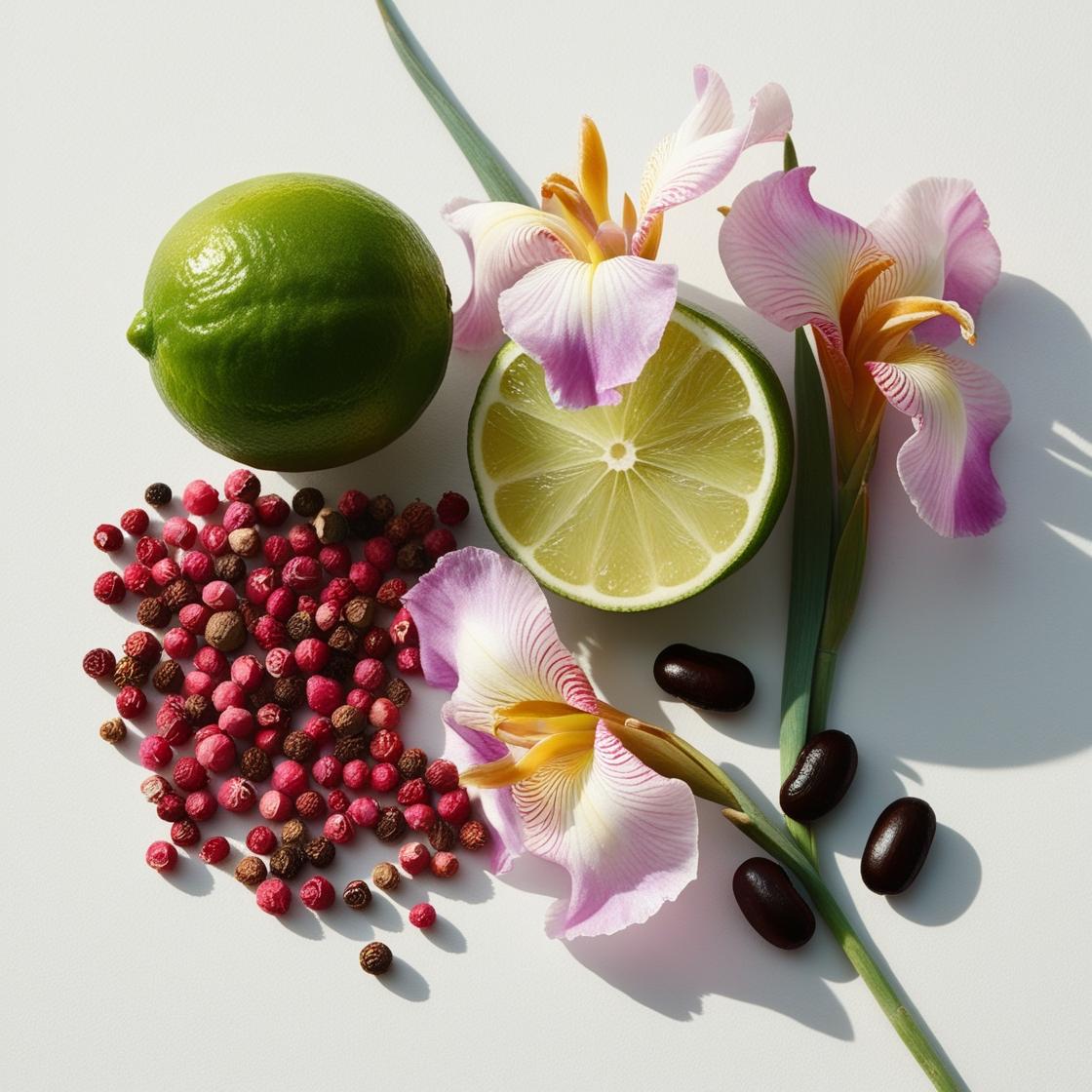 Bergamot, iris and pink pepper representing the olfactory notes of the perfume.