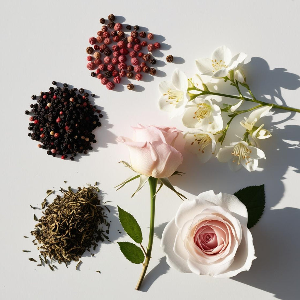 Rose, jasmine and pink pepper representing the olfactory notes of the perfume.