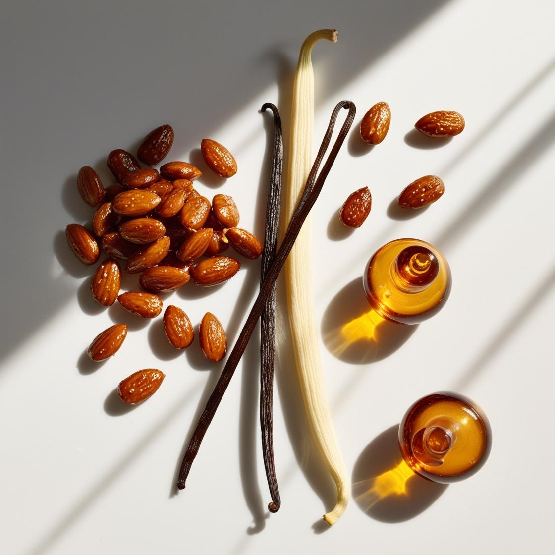 Caramelized almonds, amber and vanilla represent the olfactory notes of the perfume.