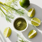 Bergamot, fennel and matcha tea representing the olfactory notes of the perfume.