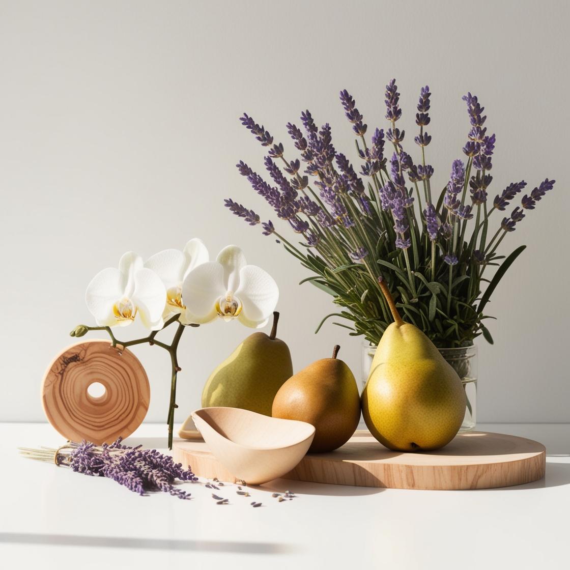 Pear, lavender, orchid and wood representing the olfactory notes of the perfume.