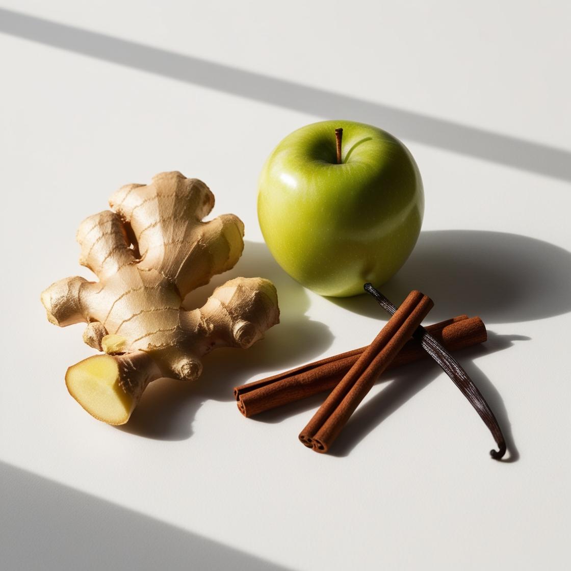 Apple, ginger, cinnamon and vanilla representing the olfactory notes of the perfume.