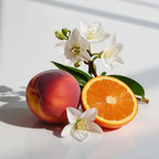 Peach, mandarin and jasmine representing the olfactory notes of the perfume.