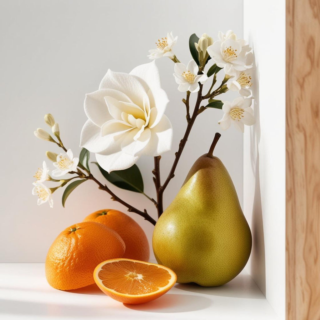 Pear, nectarine, jasmine and gardenia representing the olfactory notes of the perfume.